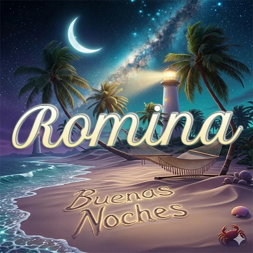 Escena nocturna mágica de una playa tropical con dos palmeras, hamaca de red y un faro iluminado en el horizonte, con la frase 'Buenas Noches' escrita artísticamente en la arena húmeda bajo la luz de la galaxia y la luna. El nombre aparece con letra luminosa grande en medio del cielo entre las dos palmeras. Nombre personalizado: Romina.