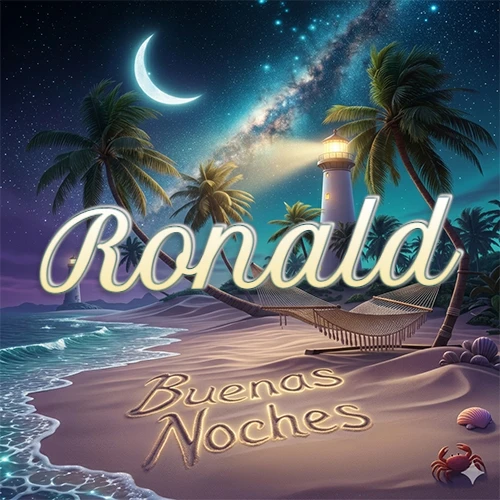 Escena nocturna mágica de una playa tropical con dos palmeras, hamaca de red y un faro iluminado en el horizonte, con la frase 'Buenas Noches' escrita artísticamente en la arena húmeda bajo la luz de la galaxia y la luna. El nombre aparece con letra luminosa grande en medio del cielo entre las dos palmeras. Nombre personalizado: Ronald.
