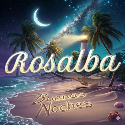 Escena nocturna mágica de una playa tropical con dos palmeras, hamaca de red y un faro iluminado en el horizonte, con la frase 'Buenas Noches' escrita artísticamente en la arena húmeda bajo la luz de la galaxia y la luna. El nombre aparece con letra luminosa grande en medio del cielo entre las dos palmeras. Nombre personalizado: Rosalba.