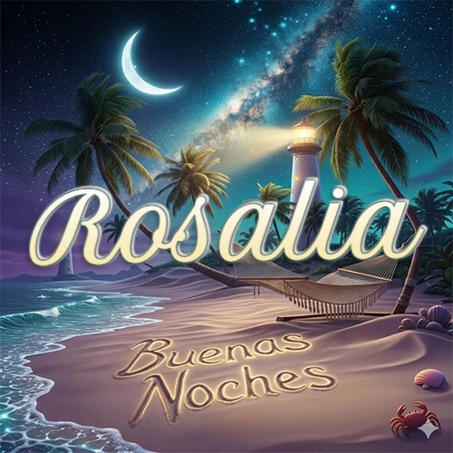 Escena nocturna mágica de una playa tropical con dos palmeras, hamaca de red y un faro iluminado en el horizonte, con la frase 'Buenas Noches' escrita artísticamente en la arena húmeda bajo la luz de la galaxia y la luna. El nombre aparece con letra luminosa grande en medio del cielo entre las dos palmeras. Nombre personalizado: Rosalia. Escena nocturna mágica de una playa tropical con dos palmeras, hamaca de red y un faro iluminado en el horizonte, con la frase 'Buenas Noches' escrita artísticamente en la arena húmeda bajo la luz de la galaxia y la luna. El nombre aparece con letra luminosa grande en medio del cielo entre las dos palmeras. Nombre personalizado: Rosalia.