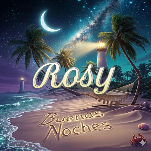 Escena nocturna mágica de una playa tropical con dos palmeras, hamaca de red y un faro iluminado en el horizonte, con la frase 'Buenas Noches' escrita artísticamente en la arena húmeda bajo la luz de la galaxia y la luna. El nombre aparece con letra luminosa grande en medio del cielo entre las dos palmeras. Nombre personalizado: Rosy.