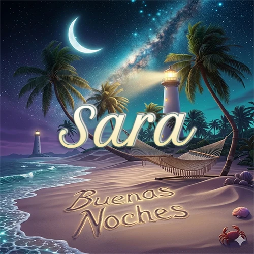 Escena nocturna mágica de una playa tropical con dos palmeras, hamaca de red y un faro iluminado en el horizonte, con la frase 'Buenas Noches' escrita artísticamente en la arena húmeda bajo la luz de la galaxia y la luna. El nombre aparece con letra luminosa grande en medio del cielo entre las dos palmeras. Nombre personalizado: Sara. Escena nocturna mágica de una playa tropical con dos palmeras, hamaca de red y un faro iluminado en el horizonte, con la frase 'Buenas Noches' escrita artísticamente en la arena húmeda bajo la luz de la galaxia y la luna. El nombre aparece con letra luminosa grande en medio del cielo entre las dos palmeras. Nombre personalizado: Sara.