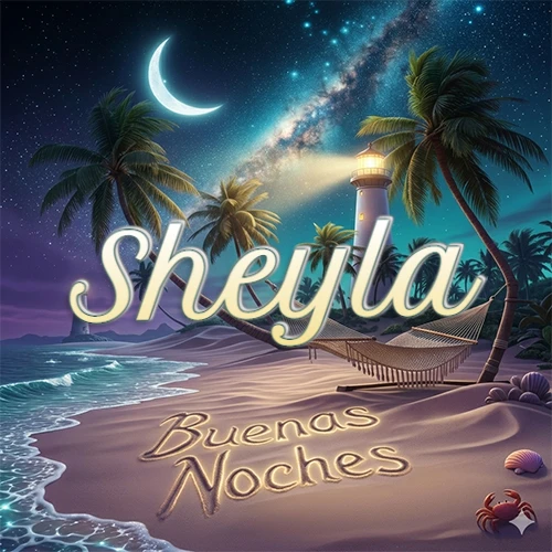 Escena nocturna mágica de una playa tropical con dos palmeras, hamaca de red y un faro iluminado en el horizonte, con la frase 'Buenas Noches' escrita artísticamente en la arena húmeda bajo la luz de la galaxia y la luna. El nombre aparece con letra luminosa grande en medio del cielo entre las dos palmeras. Nombre personalizado: Sheyla.