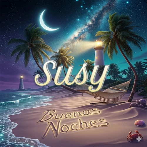 Escena nocturna mágica de una playa tropical con dos palmeras, hamaca de red y un faro iluminado en el horizonte, con la frase 'Buenas Noches' escrita artísticamente en la arena húmeda bajo la luz de la galaxia y la luna. El nombre aparece con letra luminosa grande en medio del cielo entre las dos palmeras. Nombre personalizado: Susy.