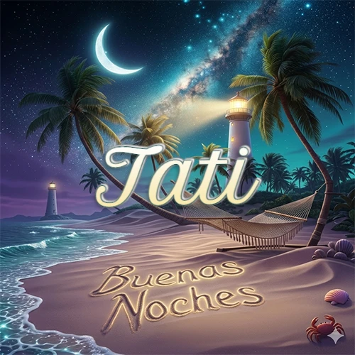 Escena nocturna mágica de una playa tropical con dos palmeras, hamaca de red y un faro iluminado en el horizonte, con la frase 'Buenas Noches' escrita artísticamente en la arena húmeda bajo la luz de la galaxia y la luna. El nombre aparece con letra luminosa grande en medio del cielo entre las dos palmeras. Nombre personalizado: Tati. Escena nocturna mágica de una playa tropical con dos palmeras, hamaca de red y un faro iluminado en el horizonte, con la frase 'Buenas Noches' escrita artísticamente en la arena húmeda bajo la luz de la galaxia y la luna. El nombre aparece con letra luminosa grande en medio del cielo entre las dos palmeras. Nombre personalizado: Tati.