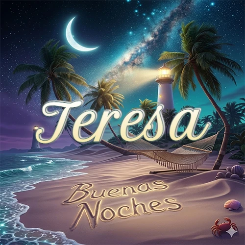 Escena nocturna mágica de una playa tropical con dos palmeras, hamaca de red y un faro iluminado en el horizonte, con la frase 'Buenas Noches' escrita artísticamente en la arena húmeda bajo la luz de la galaxia y la luna. El nombre aparece con letra luminosa grande en medio del cielo entre las dos palmeras. Nombre personalizado: Teresa. Escena nocturna mágica de una playa tropical con dos palmeras, hamaca de red y un faro iluminado en el horizonte, con la frase 'Buenas Noches' escrita artísticamente en la arena húmeda bajo la luz de la galaxia y la luna. El nombre aparece con letra luminosa grande en medio del cielo entre las dos palmeras. Nombre personalizado: Teresa.