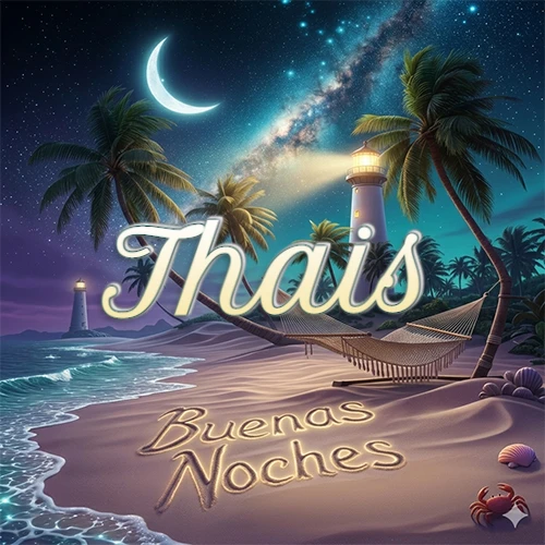 Escena nocturna mágica de una playa tropical con dos palmeras, hamaca de red y un faro iluminado en el horizonte, con la frase 'Buenas Noches' escrita artísticamente en la arena húmeda bajo la luz de la galaxia y la luna. El nombre aparece con letra luminosa grande en medio del cielo entre las dos palmeras. Nombre personalizado: Thais.