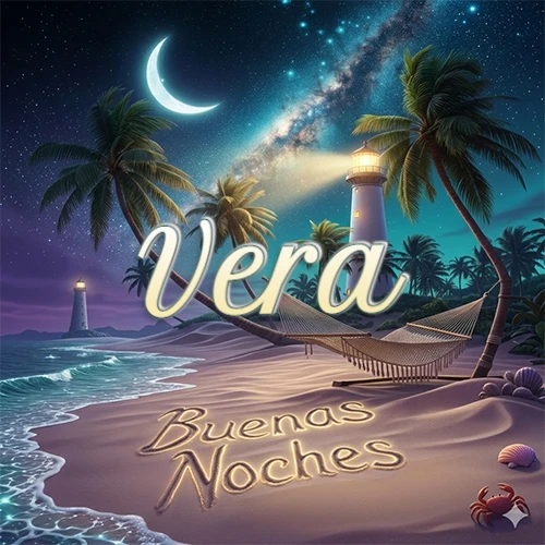 Escena nocturna mágica de una playa tropical con dos palmeras, hamaca de red y un faro iluminado en el horizonte, con la frase 'Buenas Noches' escrita artísticamente en la arena húmeda bajo la luz de la galaxia y la luna. El nombre aparece con letra luminosa grande en medio del cielo entre las dos palmeras. Nombre personalizado: Vera. Escena nocturna mágica de una playa tropical con dos palmeras, hamaca de red y un faro iluminado en el horizonte, con la frase 'Buenas Noches' escrita artísticamente en la arena húmeda bajo la luz de la galaxia y la luna. El nombre aparece con letra luminosa grande en medio del cielo entre las dos palmeras. Nombre personalizado: Vera.