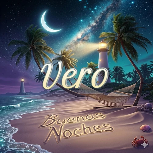 Escena nocturna mágica de una playa tropical con dos palmeras, hamaca de red y un faro iluminado en el horizonte, con la frase 'Buenas Noches' escrita artísticamente en la arena húmeda bajo la luz de la galaxia y la luna. El nombre aparece con letra luminosa grande en medio del cielo entre las dos palmeras. Nombre personalizado: Vero.