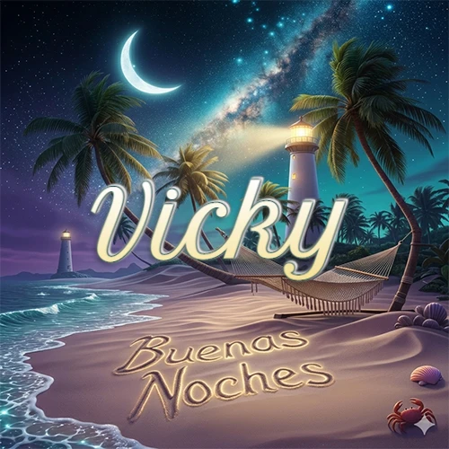 Escena nocturna mágica de una playa tropical con dos palmeras, hamaca de red y un faro iluminado en el horizonte, con la frase 'Buenas Noches' escrita artísticamente en la arena húmeda bajo la luz de la galaxia y la luna. El nombre aparece con letra luminosa grande en medio del cielo entre las dos palmeras. Nombre personalizado: Vicky. Escena nocturna mágica de una playa tropical con dos palmeras, hamaca de red y un faro iluminado en el horizonte, con la frase 'Buenas Noches' escrita artísticamente en la arena húmeda bajo la luz de la galaxia y la luna. El nombre aparece con letra luminosa grande en medio del cielo entre las dos palmeras. Nombre personalizado: Vicky.