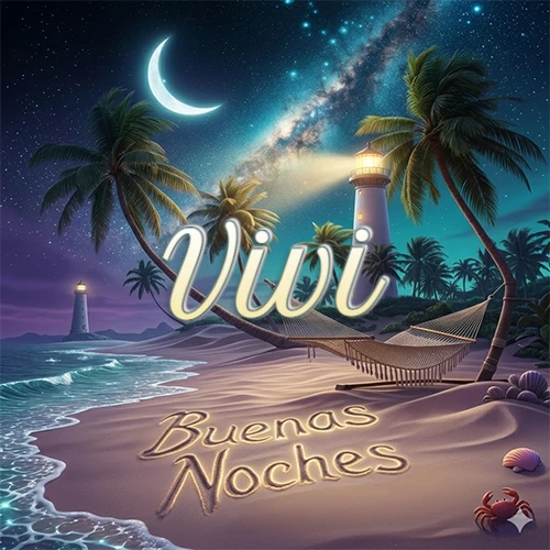 Escena nocturna mágica de una playa tropical con dos palmeras, hamaca de red y un faro iluminado en el horizonte, con la frase 'Buenas Noches' escrita artísticamente en la arena húmeda bajo la luz de la galaxia y la luna. El nombre aparece con letra luminosa grande en medio del cielo entre las dos palmeras. Nombre personalizado: Vivi. Escena nocturna mágica de una playa tropical con dos palmeras, hamaca de red y un faro iluminado en el horizonte, con la frase 'Buenas Noches' escrita artísticamente en la arena húmeda bajo la luz de la galaxia y la luna. El nombre aparece con letra luminosa grande en medio del cielo entre las dos palmeras. Nombre personalizado: Vivi.