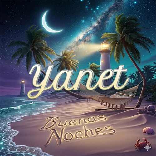 Escena nocturna mágica de una playa tropical con dos palmeras, hamaca de red y un faro iluminado en el horizonte, con la frase 'Buenas Noches' escrita artísticamente en la arena húmeda bajo la luz de la galaxia y la luna. El nombre aparece con letra luminosa grande en medio del cielo entre las dos palmeras. Nombre personalizado: Yanet. Escena nocturna mágica de una playa tropical con dos palmeras, hamaca de red y un faro iluminado en el horizonte, con la frase 'Buenas Noches' escrita artísticamente en la arena húmeda bajo la luz de la galaxia y la luna. El nombre aparece con letra luminosa grande en medio del cielo entre las dos palmeras. Nombre personalizado: Yanet.
