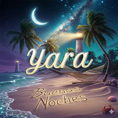 Escena nocturna mágica de una playa tropical con dos palmeras, hamaca de red y un faro iluminado en el horizonte, con la frase 'Buenas Noches' escrita artísticamente en la arena húmeda bajo la luz de la galaxia y la luna. El nombre aparece con letra luminosa grande en medio del cielo entre las dos palmeras. Nombre personalizado: Yara. Escena nocturna mágica de una playa tropical con dos palmeras, hamaca de red y un faro iluminado en el horizonte, con la frase 'Buenas Noches' escrita artísticamente en la arena húmeda bajo la luz de la galaxia y la luna. El nombre aparece con letra luminosa grande en medio del cielo entre las dos palmeras. Nombre personalizado: Yara.