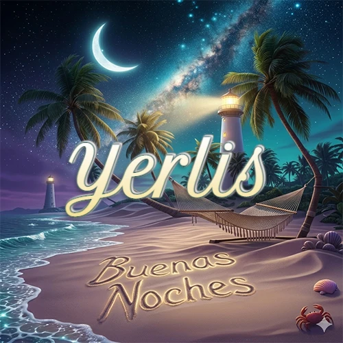 Escena nocturna mágica de una playa tropical con dos palmeras, hamaca de red y un faro iluminado en el horizonte, con la frase 'Buenas Noches' escrita artísticamente en la arena húmeda bajo la luz de la galaxia y la luna. El nombre aparece con letra luminosa grande en medio del cielo entre las dos palmeras. Nombre personalizado: Yerlis. Escena nocturna mágica de una playa tropical con dos palmeras, hamaca de red y un faro iluminado en el horizonte, con la frase 'Buenas Noches' escrita artísticamente en la arena húmeda bajo la luz de la galaxia y la luna. El nombre aparece con letra luminosa grande en medio del cielo entre las dos palmeras. Nombre personalizado: Yerlis.