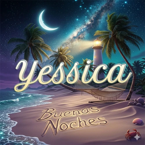 Escena nocturna mágica de una playa tropical con dos palmeras, hamaca de red y un faro iluminado en el horizonte, con la frase 'Buenas Noches' escrita artísticamente en la arena húmeda bajo la luz de la galaxia y la luna. El nombre aparece con letra luminosa grande en medio del cielo entre las dos palmeras. Nombre personalizado: Yessica.
