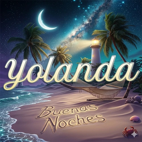 Escena nocturna mágica de una playa tropical con dos palmeras, hamaca de red y un faro iluminado en el horizonte, con la frase 'Buenas Noches' escrita artísticamente en la arena húmeda bajo la luz de la galaxia y la luna. El nombre aparece con letra luminosa grande en medio del cielo entre las dos palmeras. Nombre personalizado: Yolanda. Escena nocturna mágica de una playa tropical con dos palmeras, hamaca de red y un faro iluminado en el horizonte, con la frase 'Buenas Noches' escrita artísticamente en la arena húmeda bajo la luz de la galaxia y la luna. El nombre aparece con letra luminosa grande en medio del cielo entre las dos palmeras. Nombre personalizado: Yolanda.