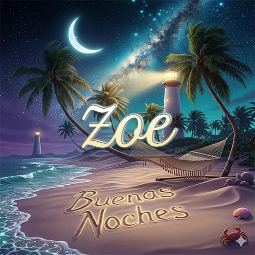 Escena nocturna mágica de una playa tropical con dos palmeras, hamaca de red y un faro iluminado en el horizonte, con la frase 'Buenas Noches' escrita artísticamente en la arena húmeda bajo la luz de la galaxia y la luna. El nombre aparece con letra luminosa grande en medio del cielo entre las dos palmeras. Nombre personalizado: Zoe.