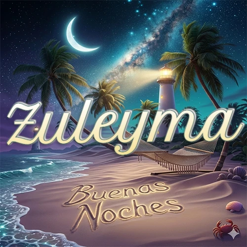 Escena nocturna mágica de una playa tropical con dos palmeras, hamaca de red y un faro iluminado en el horizonte, con la frase 'Buenas Noches' escrita artísticamente en la arena húmeda bajo la luz de la galaxia y la luna. El nombre aparece con letra luminosa grande en medio del cielo entre las dos palmeras. Nombre personalizado: Zuleyma. Escena nocturna mágica de una playa tropical con dos palmeras, hamaca de red y un faro iluminado en el horizonte, con la frase 'Buenas Noches' escrita artísticamente en la arena húmeda bajo la luz de la galaxia y la luna. El nombre aparece con letra luminosa grande en medio del cielo entre las dos palmeras. Nombre personalizado: Zuleyma.