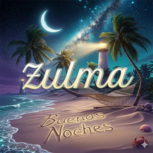 Escena nocturna mágica de una playa tropical con dos palmeras, hamaca de red y un faro iluminado en el horizonte, con la frase 'Buenas Noches' escrita artísticamente en la arena húmeda bajo la luz de la galaxia y la luna. El nombre aparece con letra luminosa grande en medio del cielo entre las dos palmeras. Nombre personalizado: Zulma.