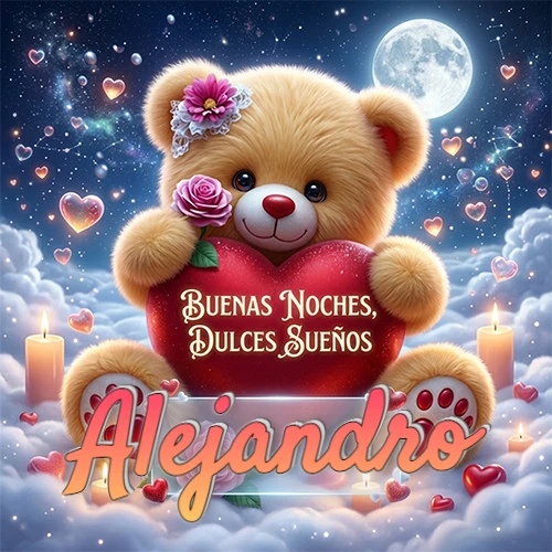 Oso de peluche de felpa abrazando un gran corazón rojo con la frase 'Buenas Noches, Dulces Sueños', sentado sobre nubes blancas rodeado de velas encendidas y corazones esparcidos bajo la luz de la luna. El nombre está dentro de un rectángulo transparente en la parte inferior del corazón del oso. Nombre personalizado: Alejandro.
