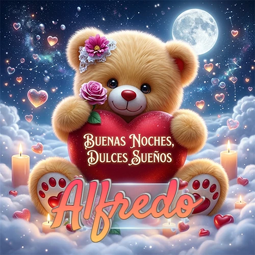 Oso de peluche de felpa abrazando un gran corazón rojo con la frase 'Buenas Noches, Dulces Sueños', sentado sobre nubes blancas rodeado de velas encendidas y corazones esparcidos bajo la luz de la luna. El nombre está dentro de un rectángulo transparente en la parte inferior del corazón del oso. Nombre personalizado: Alfredo. Oso de peluche de felpa abrazando un gran corazón rojo con la frase 'Buenas Noches, Dulces Sueños', sentado sobre nubes blancas rodeado de velas encendidas y corazones esparcidos bajo la luz de la luna. El nombre está dentro de un rectángulo transparente en la parte inferior del corazón del oso. Nombre personalizado: Alfredo.