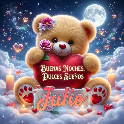 Oso de peluche de felpa abrazando un gran corazón rojo con la frase 'Buenas Noches, Dulces Sueños', sentado sobre nubes blancas rodeado de velas encendidas y corazones esparcidos bajo la luz de la luna. El nombre está dentro de un rectángulo transparente en la parte inferior del corazón del oso. Nombre personalizado: Julio.