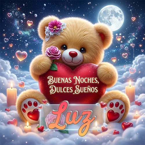 Oso de peluche de felpa abrazando un gran corazón rojo con la frase 'Buenas Noches, Dulces Sueños', sentado sobre nubes blancas rodeado de velas encendidas y corazones esparcidos bajo la luz de la luna. El nombre está dentro de un rectángulo transparente en la parte inferior del corazón del oso. Nombre personalizado: Luz. Oso de peluche de felpa abrazando un gran corazón rojo con la frase 'Buenas Noches, Dulces Sueños', sentado sobre nubes blancas rodeado de velas encendidas y corazones esparcidos bajo la luz de la luna. El nombre está dentro de un rectángulo transparente en la parte inferior del corazón del oso. Nombre personalizado: Luz.