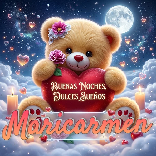 Oso de peluche de felpa abrazando un gran corazón rojo con la frase 'Buenas Noches, Dulces Sueños', sentado sobre nubes blancas rodeado de velas encendidas y corazones esparcidos bajo la luz de la luna. El nombre está dentro de un rectángulo transparente en la parte inferior del corazón del oso. Nombre personalizado: Maricarmen. Oso de peluche de felpa abrazando un gran corazón rojo con la frase 'Buenas Noches, Dulces Sueños', sentado sobre nubes blancas rodeado de velas encendidas y corazones esparcidos bajo la luz de la luna. El nombre está dentro de un rectángulo transparente en la parte inferior del corazón del oso. Nombre personalizado: Maricarmen.