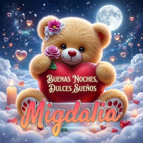Oso de peluche de felpa abrazando un gran corazón rojo con la frase 'Buenas Noches, Dulces Sueños', sentado sobre nubes blancas rodeado de velas encendidas y corazones esparcidos bajo la luz de la luna. El nombre está dentro de un rectángulo transparente en la parte inferior del corazón del oso. Nombre personalizado: Migdalia.