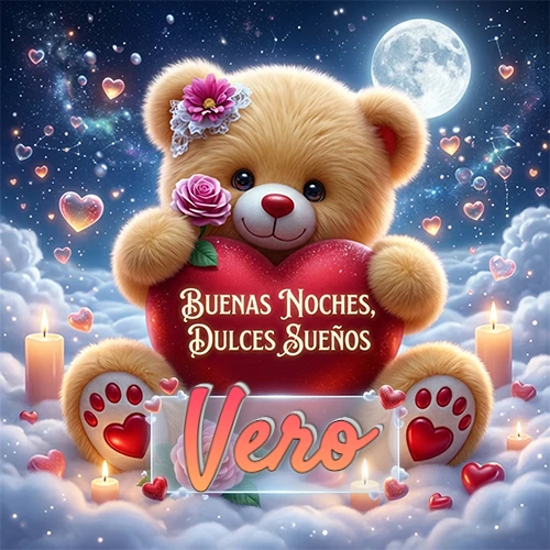Oso de peluche de felpa abrazando un gran corazón rojo con la frase 'Buenas Noches, Dulces Sueños', sentado sobre nubes blancas rodeado de velas encendidas y corazones esparcidos bajo la luz de la luna. El nombre está dentro de un rectángulo transparente en la parte inferior del corazón del oso. Nombre personalizado: Vero.