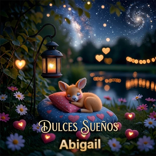 Pequeño venado (fawn) durmiendo profundamente sobre una almohada azul estampada con corazones, junto a un farol clásico que emite luz cálida en un jardín nocturno de fantasía lleno de flores y corazones brillantes con la frase 'Dulces Sueños'. El nombre está escrito con letra dorada elegante debajo de la frase de sueños felices. Nombre personalizado: Abigail. Pequeño venado (fawn) durmiendo profundamente sobre una almohada azul estampada con corazones, junto a un farol clásico que emite luz cálida en un jardín nocturno de fantasía lleno de flores y corazones brillantes con la frase 'Dulces Sueños'. El nombre está escrito con letra dorada elegante debajo de la frase de sueños felices. Nombre personalizado: Abigail.