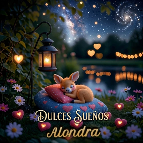 Pequeño venado (fawn) durmiendo profundamente sobre una almohada azul estampada con corazones, junto a un farol clásico que emite luz cálida en un jardín nocturno de fantasía lleno de flores y corazones brillantes con la frase 'Dulces Sueños'. El nombre está escrito con letra dorada elegante debajo de la frase de sueños felices. Nombre personalizado: Alondra.