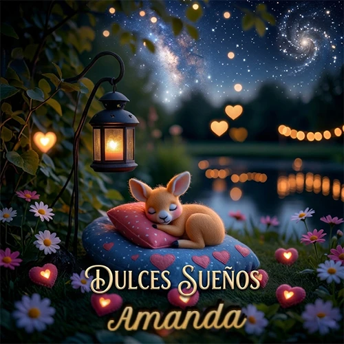 Pequeño venado (fawn) durmiendo profundamente sobre una almohada azul estampada con corazones, junto a un farol clásico que emite luz cálida en un jardín nocturno de fantasía lleno de flores y corazones brillantes con la frase 'Dulces Sueños'. El nombre está escrito con letra dorada elegante debajo de la frase de sueños felices. Nombre personalizado: Amanda. Pequeño venado (fawn) durmiendo profundamente sobre una almohada azul estampada con corazones, junto a un farol clásico que emite luz cálida en un jardín nocturno de fantasía lleno de flores y corazones brillantes con la frase 'Dulces Sueños'. El nombre está escrito con letra dorada elegante debajo de la frase de sueños felices. Nombre personalizado: Amanda.