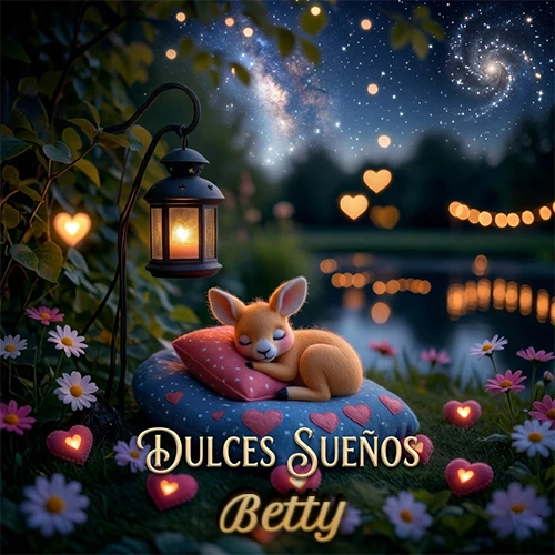 Pequeño venado (fawn) durmiendo profundamente sobre una almohada azul estampada con corazones, junto a un farol clásico que emite luz cálida en un jardín nocturno de fantasía lleno de flores y corazones brillantes con la frase 'Dulces Sueños'. El nombre está escrito con letra dorada elegante debajo de la frase de sueños felices. Nombre personalizado: Betty. Pequeño venado (fawn) durmiendo profundamente sobre una almohada azul estampada con corazones, junto a un farol clásico que emite luz cálida en un jardín nocturno de fantasía lleno de flores y corazones brillantes con la frase 'Dulces Sueños'. El nombre está escrito con letra dorada elegante debajo de la frase de sueños felices. Nombre personalizado: Betty.