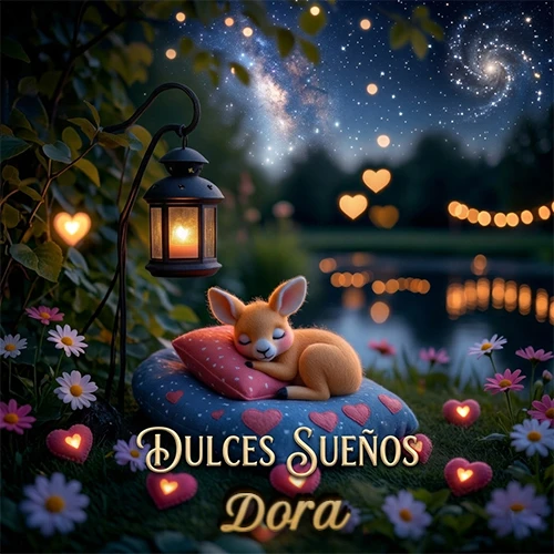 Pequeño venado (fawn) durmiendo profundamente sobre una almohada azul estampada con corazones, junto a un farol clásico que emite luz cálida en un jardín nocturno de fantasía lleno de flores y corazones brillantes con la frase 'Dulces Sueños'. El nombre está escrito con letra dorada elegante debajo de la frase de sueños felices. Nombre personalizado: Dora.