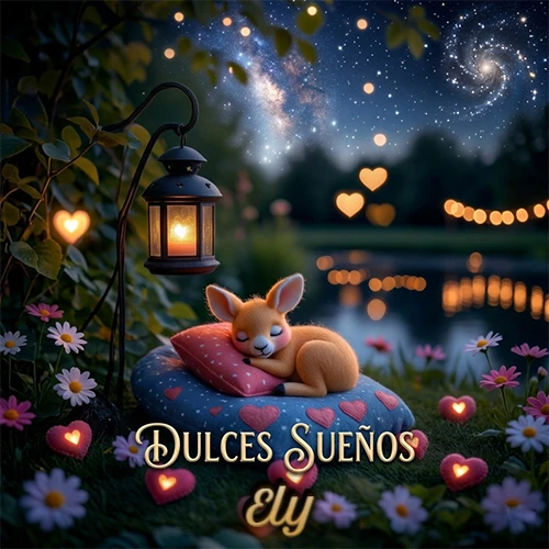 Pequeño venado (fawn) durmiendo profundamente sobre una almohada azul estampada con corazones, junto a un farol clásico que emite luz cálida en un jardín nocturno de fantasía lleno de flores y corazones brillantes con la frase 'Dulces Sueños'. El nombre está escrito con letra dorada elegante debajo de la frase de sueños felices. Nombre personalizado: Ely.
