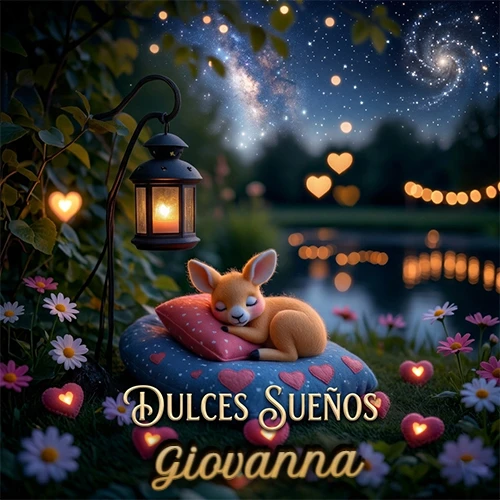 Pequeño venado (fawn) durmiendo profundamente sobre una almohada azul estampada con corazones, junto a un farol clásico que emite luz cálida en un jardín nocturno de fantasía lleno de flores y corazones brillantes con la frase 'Dulces Sueños'. El nombre está escrito con letra dorada elegante debajo de la frase de sueños felices. Nombre personalizado: Giovanna.