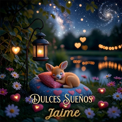 Pequeño venado (fawn) durmiendo profundamente sobre una almohada azul estampada con corazones, junto a un farol clásico que emite luz cálida en un jardín nocturno de fantasía lleno de flores y corazones brillantes con la frase 'Dulces Sueños'. El nombre está escrito con letra dorada elegante debajo de la frase de sueños felices. Nombre personalizado: Jaime.