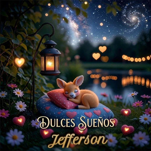 Pequeño venado (fawn) durmiendo profundamente sobre una almohada azul estampada con corazones, junto a un farol clásico que emite luz cálida en un jardín nocturno de fantasía lleno de flores y corazones brillantes con la frase 'Dulces Sueños'. El nombre está escrito con letra dorada elegante debajo de la frase de sueños felices. Nombre personalizado: Jefferson.