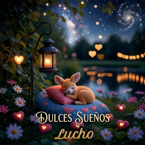 Pequeño venado (fawn) durmiendo profundamente sobre una almohada azul estampada con corazones, junto a un farol clásico que emite luz cálida en un jardín nocturno de fantasía lleno de flores y corazones brillantes con la frase 'Dulces Sueños'. El nombre está escrito con letra dorada elegante debajo de la frase de sueños felices. Nombre personalizado: Lucho.