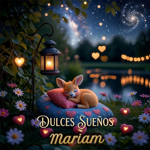 Pequeño venado (fawn) durmiendo profundamente sobre una almohada azul estampada con corazones, junto a un farol clásico que emite luz cálida en un jardín nocturno de fantasía lleno de flores y corazones brillantes con la frase 'Dulces Sueños'. El nombre está escrito con letra dorada elegante debajo de la frase de sueños felices. Nombre personalizado: Mariam. Pequeño venado (fawn) durmiendo profundamente sobre una almohada azul estampada con corazones, junto a un farol clásico que emite luz cálida en un jardín nocturno de fantasía lleno de flores y corazones brillantes con la frase 'Dulces Sueños'. El nombre está escrito con letra dorada elegante debajo de la frase de sueños felices. Nombre personalizado: Mariam.