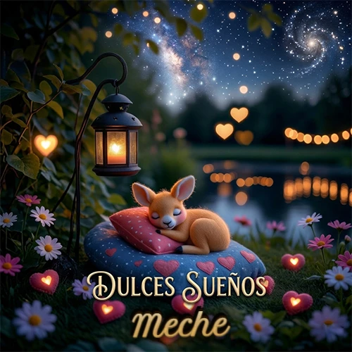 Pequeño venado (fawn) durmiendo profundamente sobre una almohada azul estampada con corazones, junto a un farol clásico que emite luz cálida en un jardín nocturno de fantasía lleno de flores y corazones brillantes con la frase 'Dulces Sueños'. El nombre está escrito con letra dorada elegante debajo de la frase de sueños felices. Nombre personalizado: Meche.