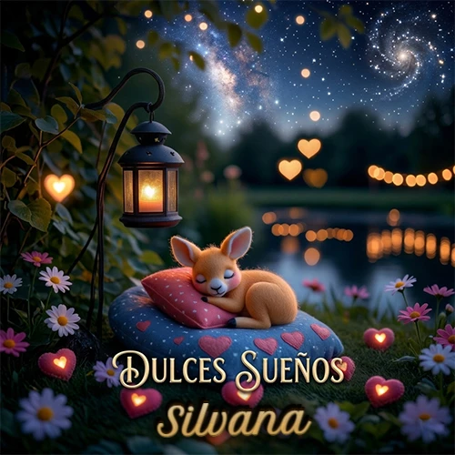 Pequeño venado (fawn) durmiendo profundamente sobre una almohada azul estampada con corazones, junto a un farol clásico que emite luz cálida en un jardín nocturno de fantasía lleno de flores y corazones brillantes con la frase 'Dulces Sueños'. El nombre está escrito con letra dorada elegante debajo de la frase de sueños felices. Nombre personalizado: Silvana. Pequeño venado (fawn) durmiendo profundamente sobre una almohada azul estampada con corazones, junto a un farol clásico que emite luz cálida en un jardín nocturno de fantasía lleno de flores y corazones brillantes con la frase 'Dulces Sueños'. El nombre está escrito con letra dorada elegante debajo de la frase de sueños felices. Nombre personalizado: Silvana.