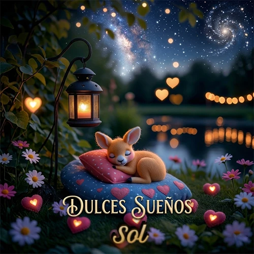 Pequeño venado (fawn) durmiendo profundamente sobre una almohada azul estampada con corazones, junto a un farol clásico que emite luz cálida en un jardín nocturno de fantasía lleno de flores y corazones brillantes con la frase 'Dulces Sueños'. El nombre está escrito con letra dorada elegante debajo de la frase de sueños felices. Nombre personalizado: Sol.