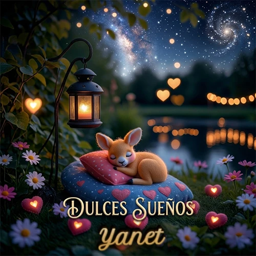 Pequeño venado (fawn) durmiendo profundamente sobre una almohada azul estampada con corazones, junto a un farol clásico que emite luz cálida en un jardín nocturno de fantasía lleno de flores y corazones brillantes con la frase 'Dulces Sueños'. El nombre está escrito con letra dorada elegante debajo de la frase de sueños felices. Nombre personalizado: Yanet. Pequeño venado (fawn) durmiendo profundamente sobre una almohada azul estampada con corazones, junto a un farol clásico que emite luz cálida en un jardín nocturno de fantasía lleno de flores y corazones brillantes con la frase 'Dulces Sueños'. El nombre está escrito con letra dorada elegante debajo de la frase de sueños felices. Nombre personalizado: Yanet.