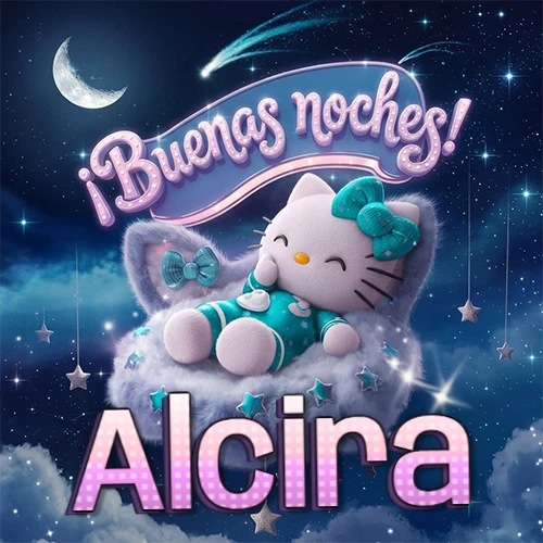 Hello Kitty vistiendo pijama turquesa durmiendo sobre una nube violeta suave, bajo un cartel de neón rosa brillante que dice '¡Buenas noches!' en un cielo lleno de estrellas fugaces y estrellas colgantes. El nombre está escrito con letra grande y colorida justo debajo de la nube. Nombre personalizado: Alcira. Hello Kitty vistiendo pijama turquesa durmiendo sobre una nube violeta suave, bajo un cartel de neón rosa brillante que dice '¡Buenas noches!' en un cielo lleno de estrellas fugaces y estrellas colgantes. El nombre está escrito con letra grande y colorida justo debajo de la nube. Nombre personalizado: Alcira.