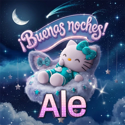 Hello Kitty vistiendo pijama turquesa durmiendo sobre una nube violeta suave, bajo un cartel de neón rosa brillante que dice '¡Buenas noches!' en un cielo lleno de estrellas fugaces y estrellas colgantes. El nombre está escrito con letra grande y colorida justo debajo de la nube. Nombre personalizado: Ale.
