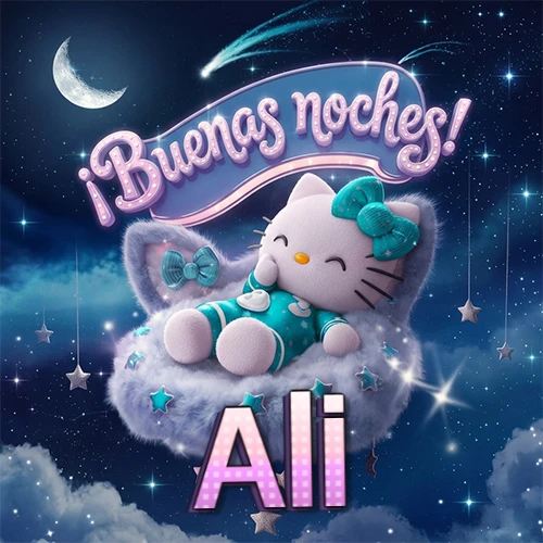 Hello Kitty vistiendo pijama turquesa durmiendo sobre una nube violeta suave, bajo un cartel de neón rosa brillante que dice '¡Buenas noches!' en un cielo lleno de estrellas fugaces y estrellas colgantes. El nombre está escrito con letra grande y colorida justo debajo de la nube. Nombre personalizado: Ali.
