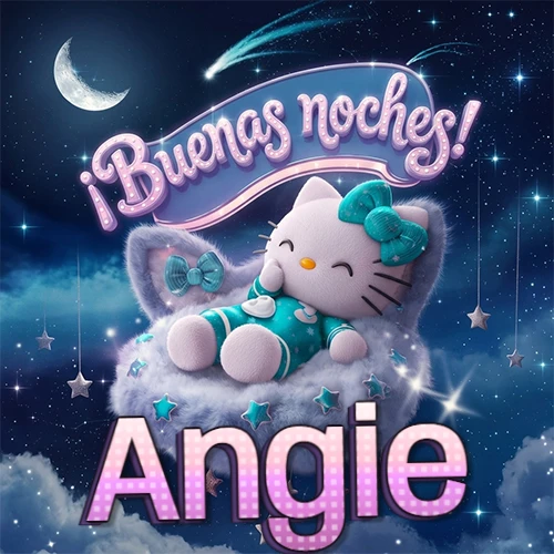 Hello Kitty vistiendo pijama turquesa durmiendo sobre una nube violeta suave, bajo un cartel de neón rosa brillante que dice '¡Buenas noches!' en un cielo lleno de estrellas fugaces y estrellas colgantes. El nombre está escrito con letra grande y colorida justo debajo de la nube. Nombre personalizado: Angie.