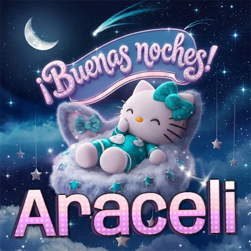 Hello Kitty vistiendo pijama turquesa durmiendo sobre una nube violeta suave, bajo un cartel de neón rosa brillante que dice '¡Buenas noches!' en un cielo lleno de estrellas fugaces y estrellas colgantes. El nombre está escrito con letra grande y colorida justo debajo de la nube. Nombre personalizado: Araceli.